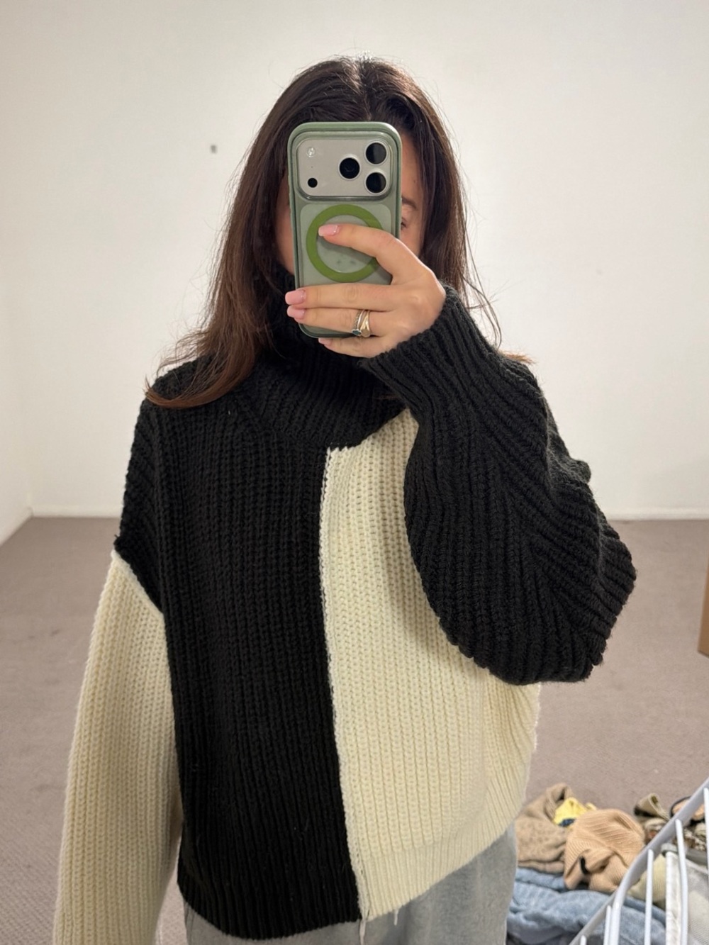 Zara Black & Cream Chunky Colorblock Turtleneck Sweater